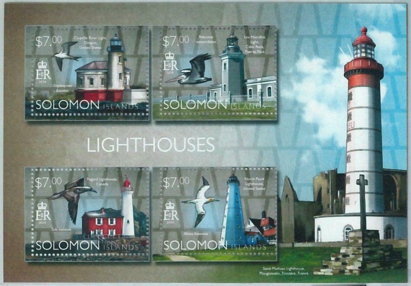 M1395 - SOLOMON ISLANDS - ERROR, 2014 MISSPERF SHEET: Lighthouses, Birds, Marina