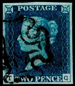 GB 1840 SG4, 2d deep full blue PLATE 1, FINE USED. Cat £1200. BLACK MX. CERT. TC