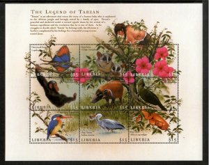 Liberia 2000 - Tarzan - Animals, Flowers, Birds - Sheet of 9 Stamps - MNH