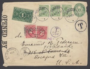 US JQ1 on INCOMING 1917 censored cover FRONT from Denmark with Postage Dues