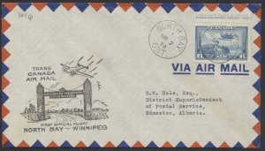 1939 North Bay to Winnipeg Flight Cover MAR 2 to RW Hale #3903q