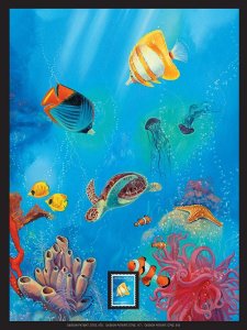 Caribbean Marine Life, Fish, Turtle - Framed Wall Art with Postage Stamp