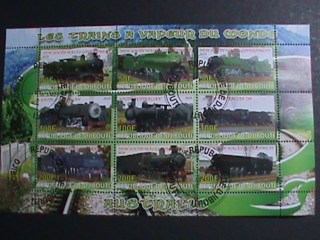 DJIBOUTI-2010 WORLD FAMOUS LOCO MOTIVE TRAINS CTO SHEET VF-WITH FANCY CANCEL