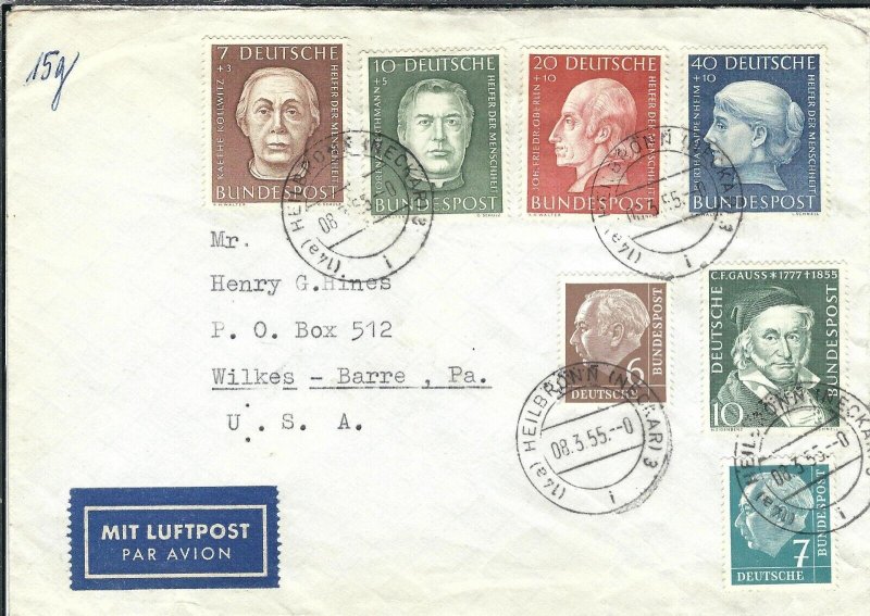 Heilbronn Neckar, Germany to Wilkes-Barre, Pa 1955 Airmail Mi #200-203 (48241)