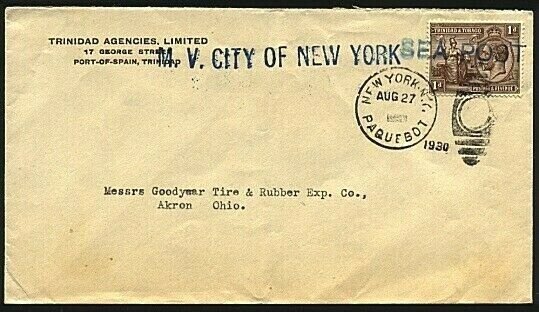 TRINIDAD 1930 cover NY Paquebot - CITY OF NEW YORK ship cancel etc.........20094