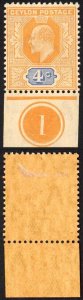 Ceylon SG279 4c Orange and Ultramarine Plate Number example M/M (toned)