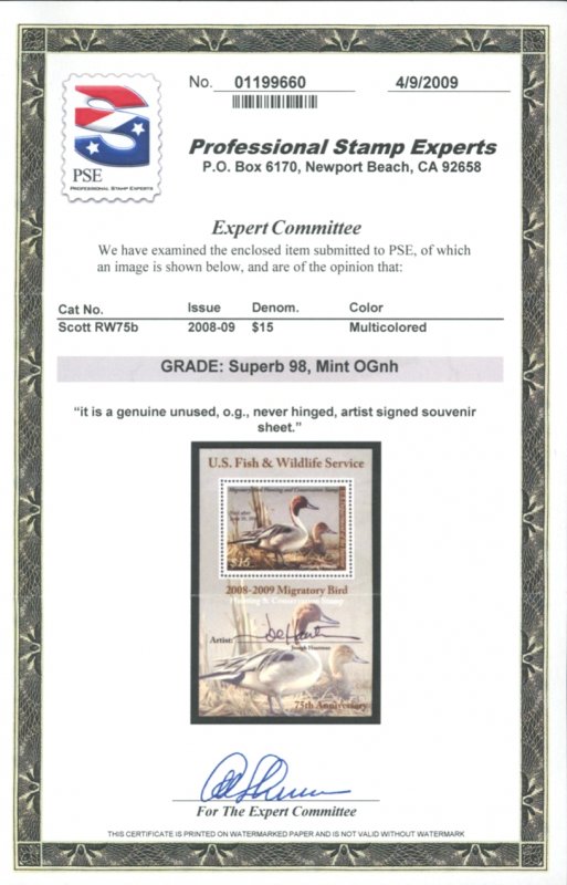 U.S. #RW75b MINT WITH PSE CERT GRADED SUPERB 98 OG NH