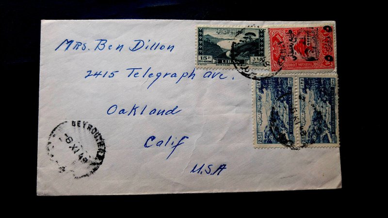 LEBANON 1949 ERROR DOUBLE PRINTING “PALESTINE OVERPRINT” COVER TO USA UNI