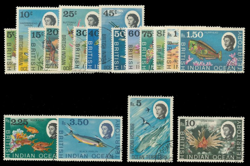 B.I.O.T. 1968 QEII Definitives set complete very fine used. SG 16-30. Sc 16-33.