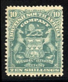 Rhodesia #71 Cat$65, 1908 10sh bluish gray, heavy hinge remnant