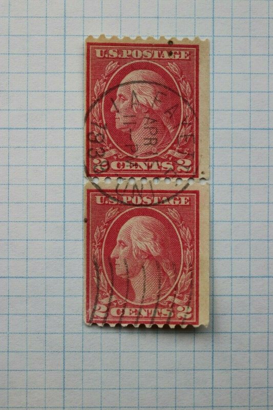 US sc#450 vertical coil pair used  1939 Lafayette IN city SOTN cancel