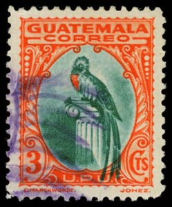 GUATEMALA Sc 275 VF/USED - 1902 3c red org & pck grn - Quetzal