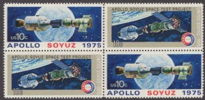 1975 Space Apollo Soyuz Block of 4 10c Postage Stamps, Sc# 1569-1570, MNH, OG