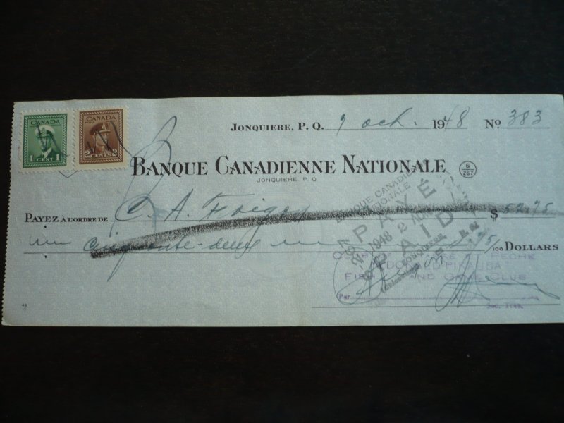 Canada - Revenue - KGVI War Issue Stamps on cheque dated 1948