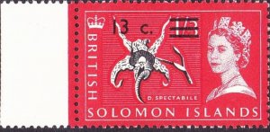 BRITISH SOLOMON IS 1966 QEII 13c on 1/3 Black & Rose-Red with Gutter SG145B MNH