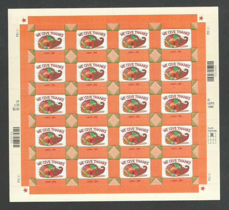 3546 Thanksgiving Pane Of 20 Mint/nh FREE SHIPPING