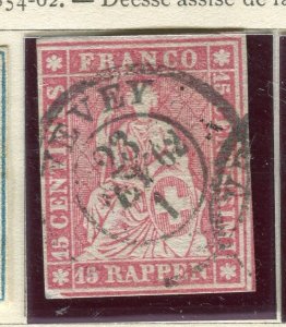 SWITZERLAND; 1854 classic Strubel Imperf issue fine used 15r. value Postmark