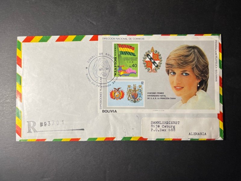 1982 Bolivia First Day Cover FDC Natal to Germany British Royalty Princess Diana