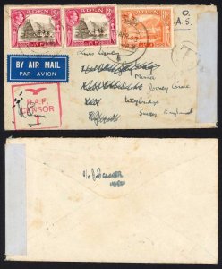 Aden KGVI 3a x 2 and 8a orange on RAF Censor cover to Sussex