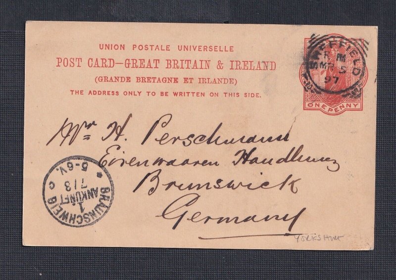 UK 1897 1D PS CARD SHEFFIELD No. 10 SQUARED CIRCLE TO BRAUNSWICK GERMANY