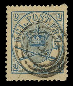 Denmark #11 Cat$35, 1865 2s blue, used
