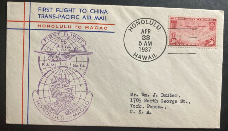 1937 Honolulu Hawaii First Flight Airmail cover FFC to Macao Trans Pacific