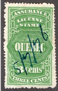 QA3, van Dam, 3c green, Canada, Quebec, License Assurance, VF/EF, Revenue Stamp