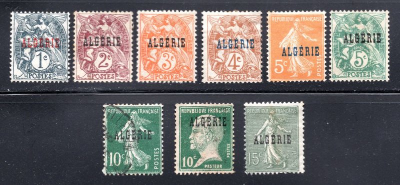 Algeria 1924-25 Short Set of 9 Overprints, 1c to 15c, Scott 1-9 MH, MNG & used