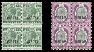 Malta #MR1-2 Cat$21+ (for hinged), 1918 War Tax, set of two in blocks of four...