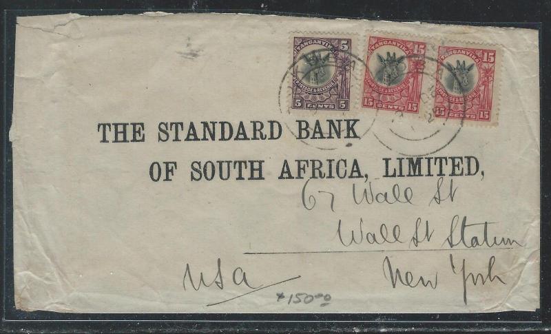 TANGANYIKA (P2609B) 1923  GIRAFFE 15C PR +5C BUKOBA TO USA