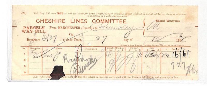 BC111 1892 GB RAILWAY *Cheshire Lines Committee* RED PRINT Parcel Way Bill 