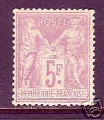 France Sc 96b MLH. 1877 5fr red lilac on lavender Peace & Commerce VF