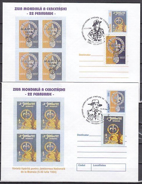 Romania, 2001 issue. 12/OCT/01. 2 Scout Cancel on Postal Envelopes. .^