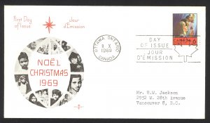 Canada Sc# 503 (Rose Craft cachet) FDC single (a) 1969 10.8 Christmas