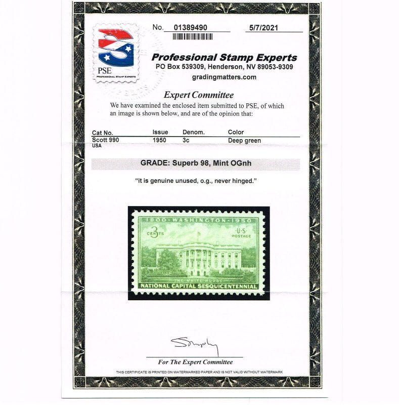 EXCEPTIONAL GENUINE SCOTT #990 MINT PRISTINE OG NH PSE CERT GRADED SUPERB 98