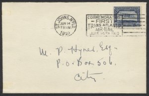 1929 Newfoundland First TransAtlantic Airmail Slogan On Cover #156 15c Publicity