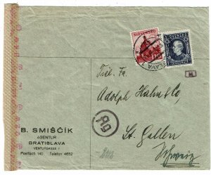 Slovakia 1943 Bratislava cancel on cover to Switzerland, mis-sent, censored