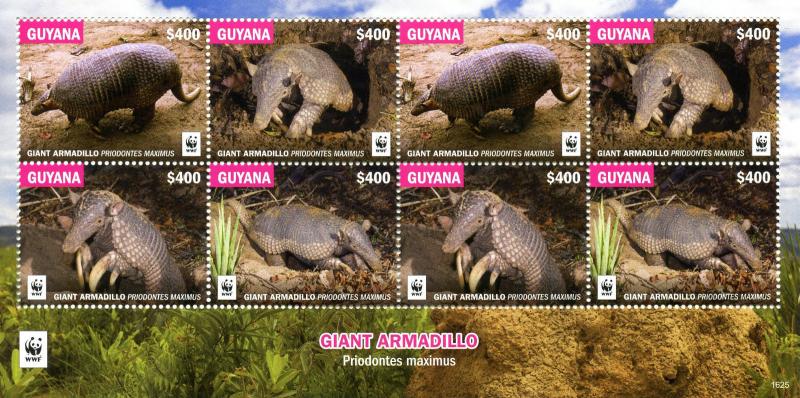 Guyana 2016 MNH Giant Armadillo WWF 8v M/S Armadillos Wild Animals Stamps