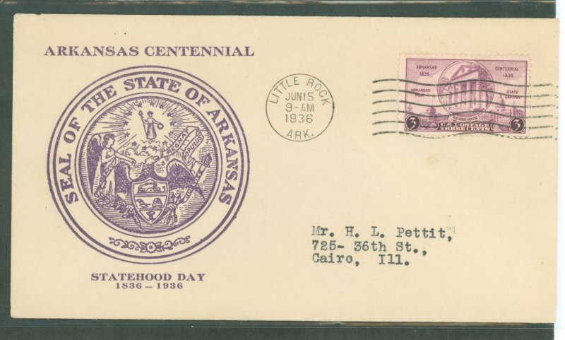 US 782 1936 3c Arkansas Statehood Centennial single on an addressed, typed, FDC with a Unknown Cachet