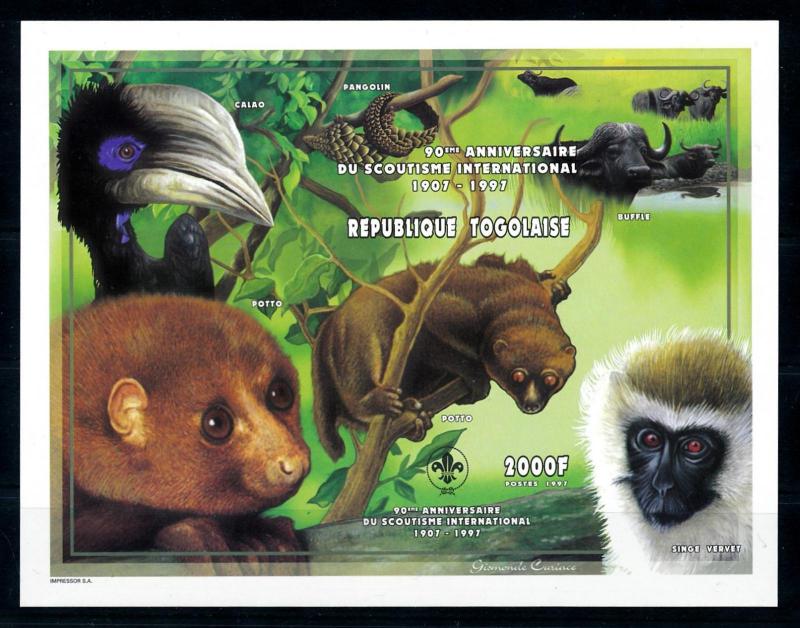 [75681] Togo 1997 Wild Life Buffalo Primates Scouting Imperf. Sheet MNH