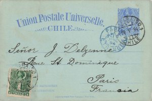 Chile 1894 Valparaiso to Paris France 1c Uprated Postal Stationery Card