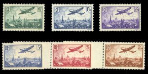 France, Air Post #C8-13 Cat$247, 1936 Plane Over Paris, 85c-3.50fr, never hin...