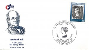 COSTA RICA 1990 ROWLAND HILL 150 YEARS OF FIRST POSTAL STAMP PENNY BLACK FDC
