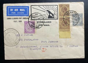 1933 Blantyre Nyasaland First Flight Airmail Cover To Fort James Northern Rhodes