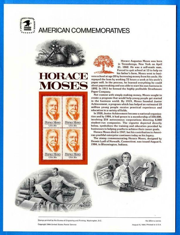 USPS COMMEMORATIVE PANEL #225 HORACE MOSES #2095