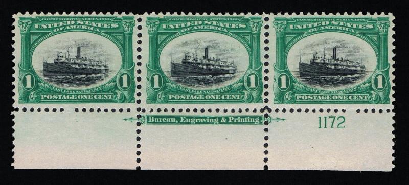 GENUINE SCOTT #294 VF MINT OG NH 1¢ PAN-AM EXPO BEP IMPRINT PLATE #1127 STRIP 3