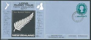 NEW ZEALAND 1977 7c PTPO envelope Lions Rugby Tour : All Blacks............44189