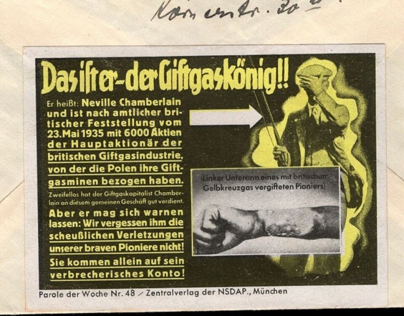 Germany Parole der Woche 48 Anti Chamberlain Poison Gas Karlsruhe 1939 Cover 1h