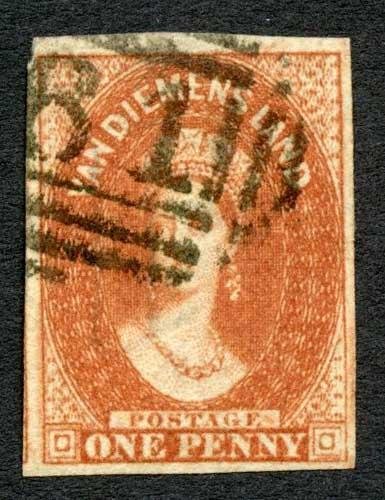 Tasmania SG25 1d Deep Red Brown Fine used Cat 55 pounds 