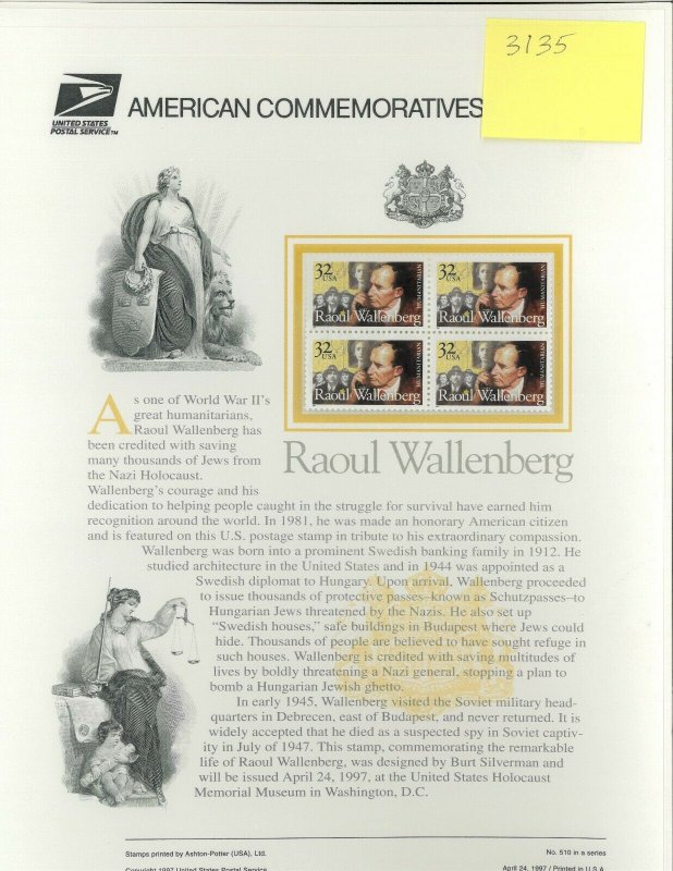 USPS COMMEMORATIVE PANEL #510 RAOUL WALLENBERG #3135